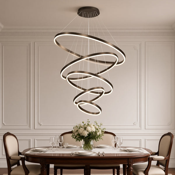 Cascading LED Ring Chandelier above a dining table