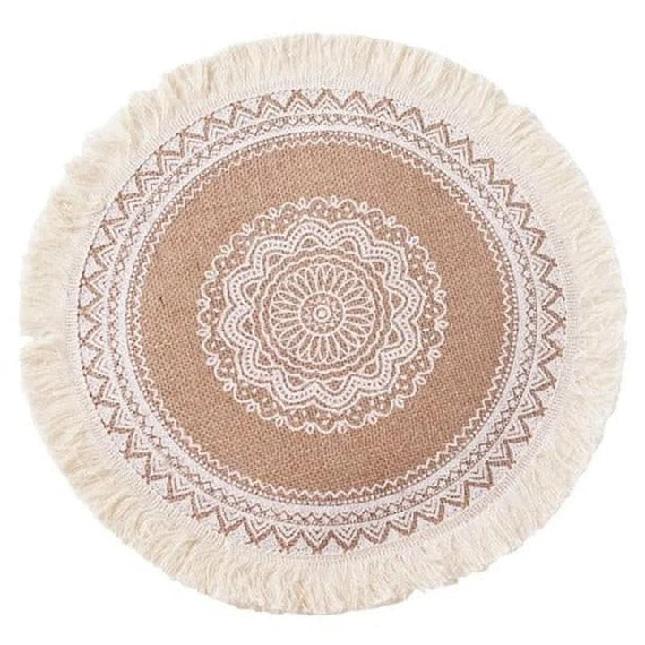 Arvi Embroidery Table Mat in White Tassel 1, 38cm on a white background