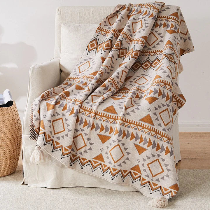 Aztec Tassel Throw Blanket in beige, 130 x 150cm