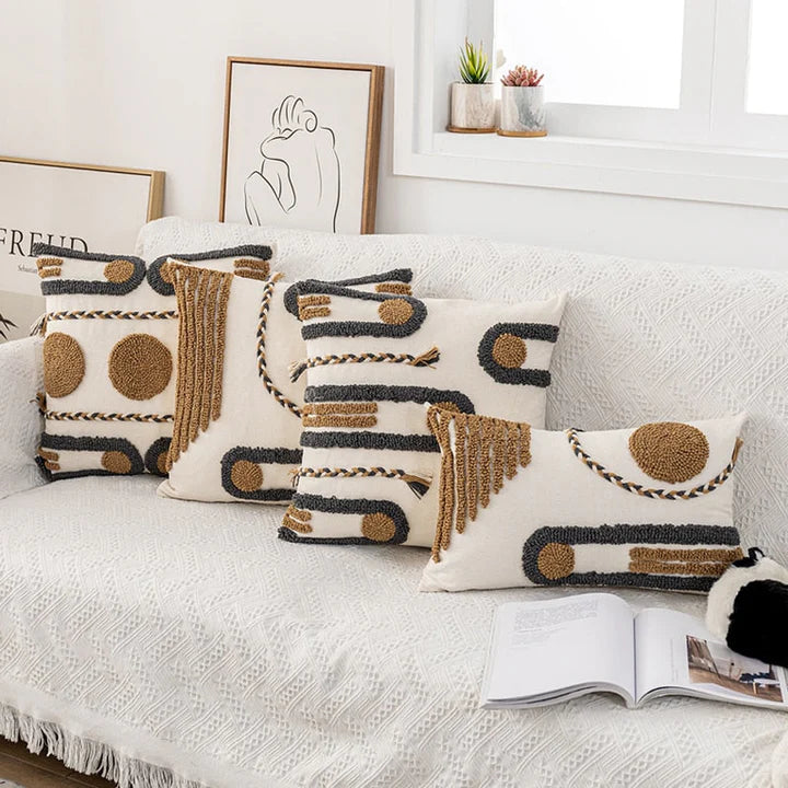Boho Modern Cushion Cover, 3x (45x45) + 1x (30x50) Cm in a living room