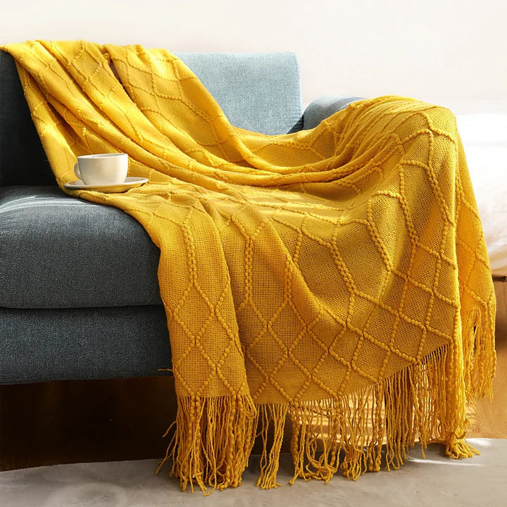 Cozy Chunky Knit Blanket in yellow, 127 x 172cm in a living room