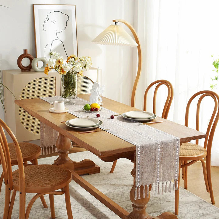 Inara Woven Cotton Table Runner in light coffee, 33 x 183cm in a dining room