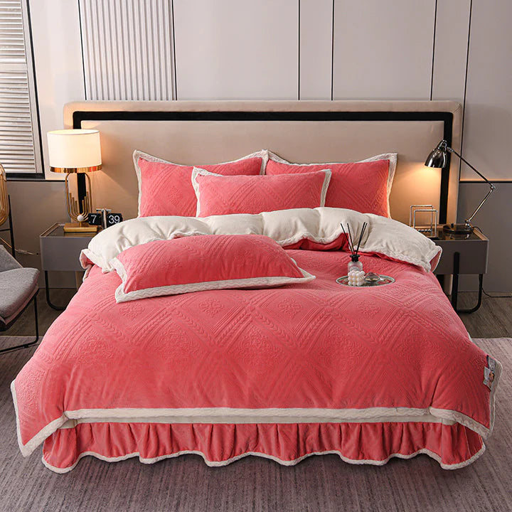 Haylen Double-Sided Quilt Cover in dark pink, Queen in a bedroom