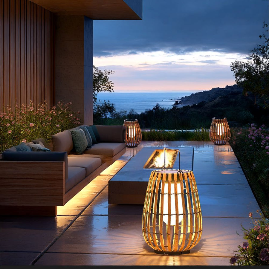 Solar Rattan Garden Lantern on a patio