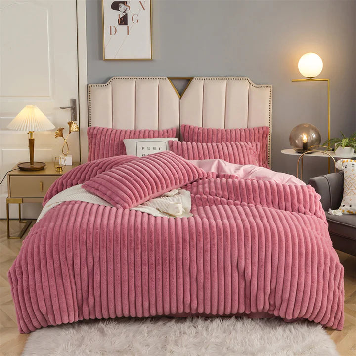 Soft and Breathable Rabbit Fur Bedding in pink, Queen in a bedroom