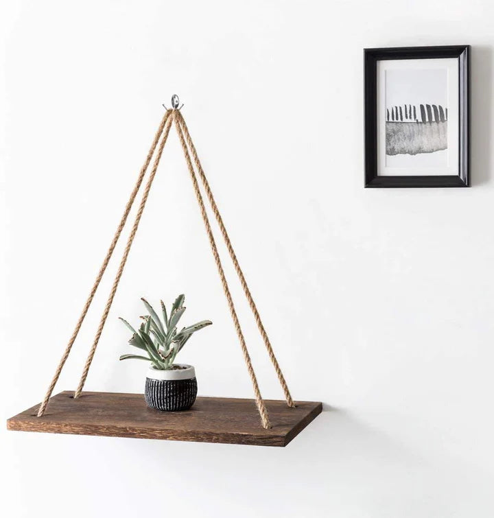 Rustic Wooden Rope Hanging Shelf in carbonized, 35 x 14cm on a white background