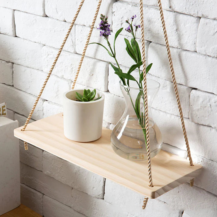Wooden Rustic Rope Hanging Shelf in wood, 35 X 14cm