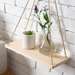 Wooden Rustic Rope Hanging Shelf – Floating Wall Bracket for Flower Pots