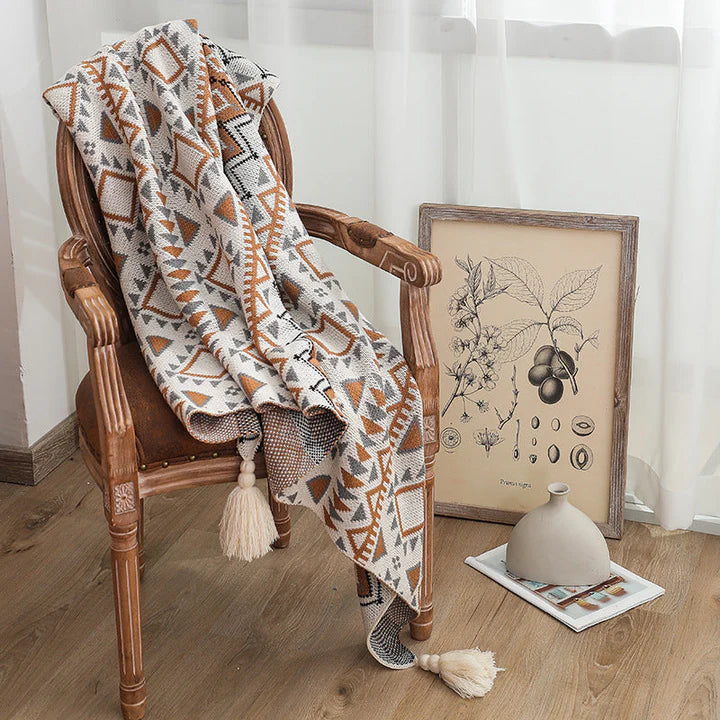 Bohemian Cotton Knitted Sofa Blanket in a living room
