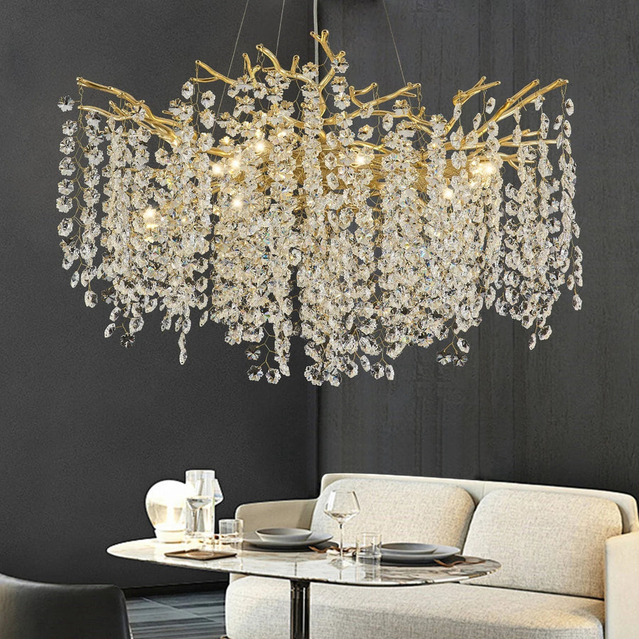 Airy Branch Crystal Strand Chandelier above a dining table