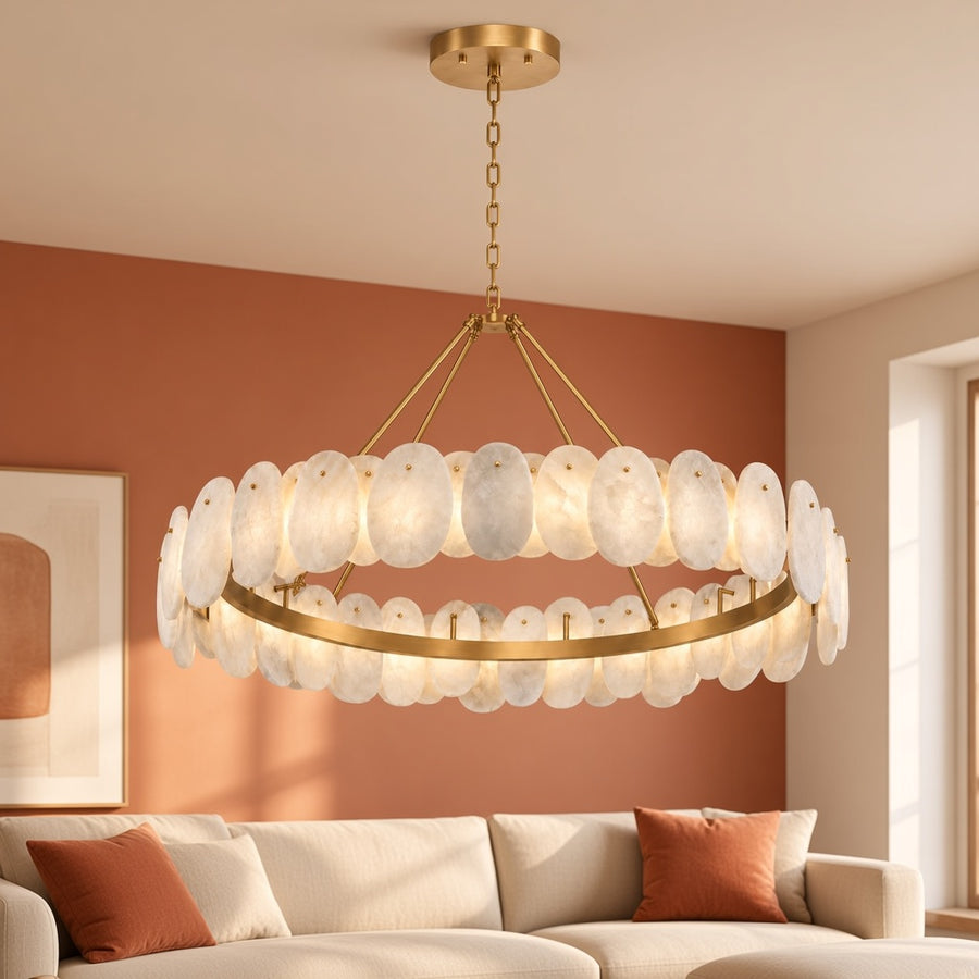 Alabaster and Brass Round Chandelier