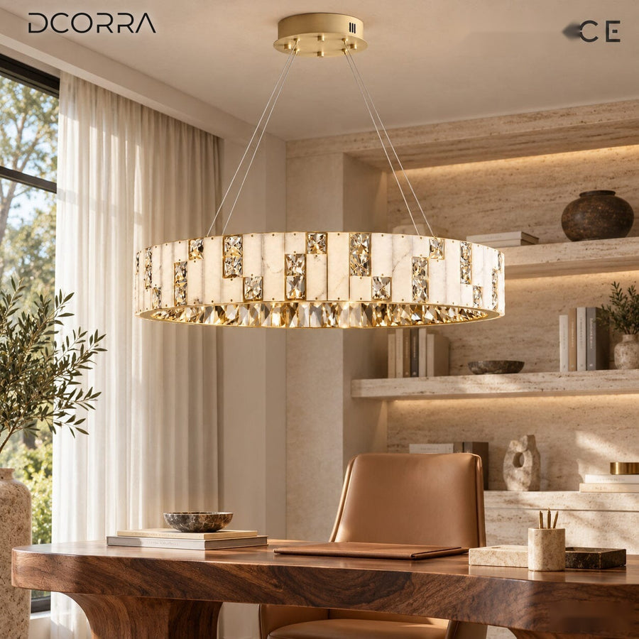 Alabaster Ring Crystal Chandelier above a dining table
