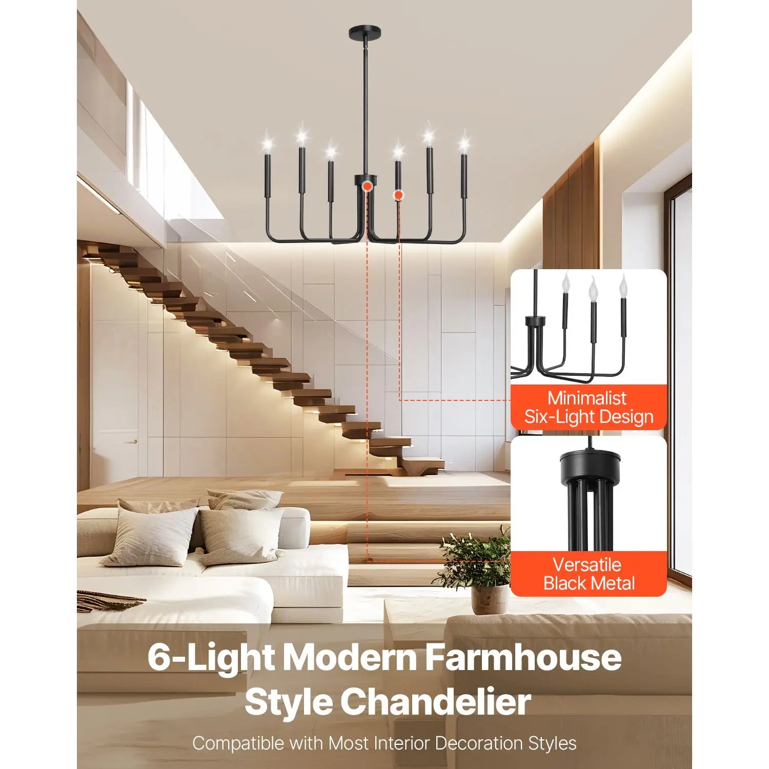 Black 6-Arm Open Chandelier - view 3