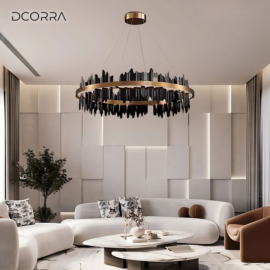 Black and Gold LED Ring Chandelier in a living room