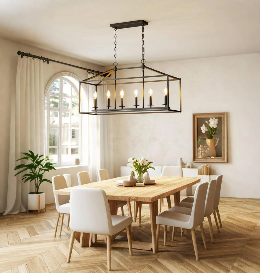 Black Cage Farmhouse 6-Light Chandelier above a dining table