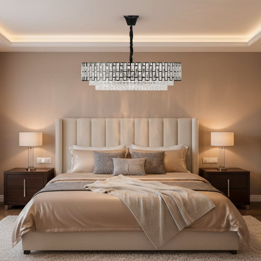 Black Crystal Prism Round Chandelier in a bedroom