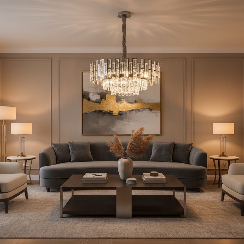 Black Crystal Prism Round Chandelier in a living room
