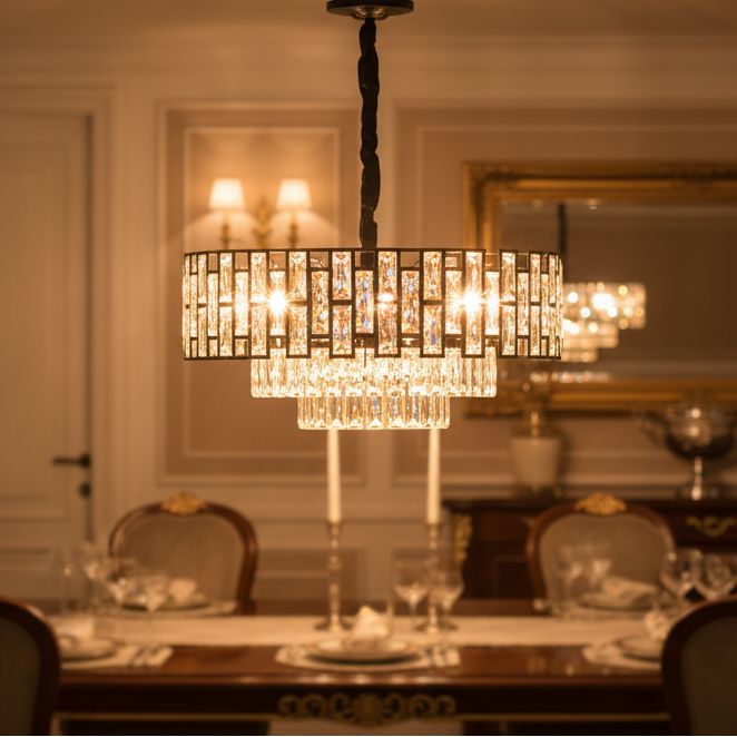 Black Crystal Prism Round Chandelier above a dining table