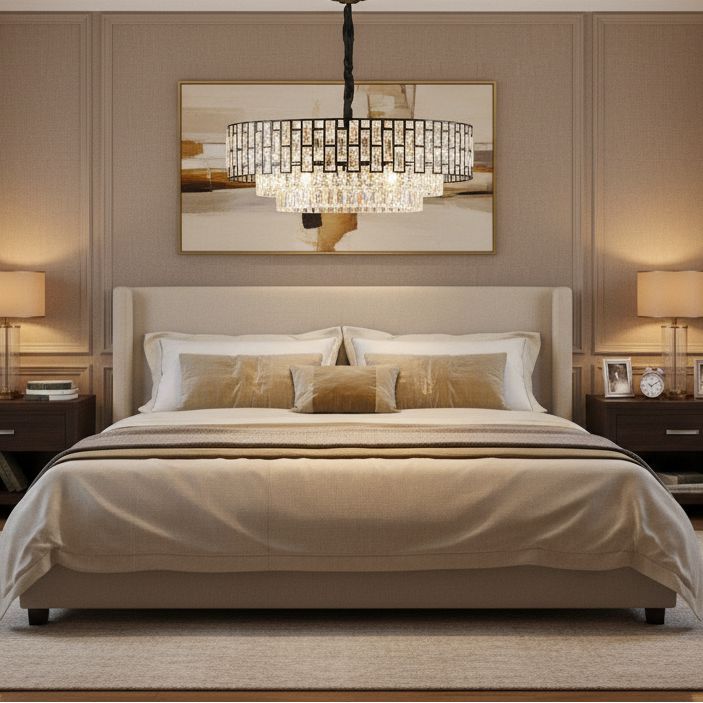 Black Crystal Prism Round Chandelier in a bedroom
