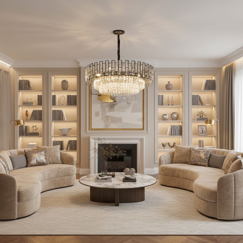 Black Crystal Prism Round Chandelier in a living room