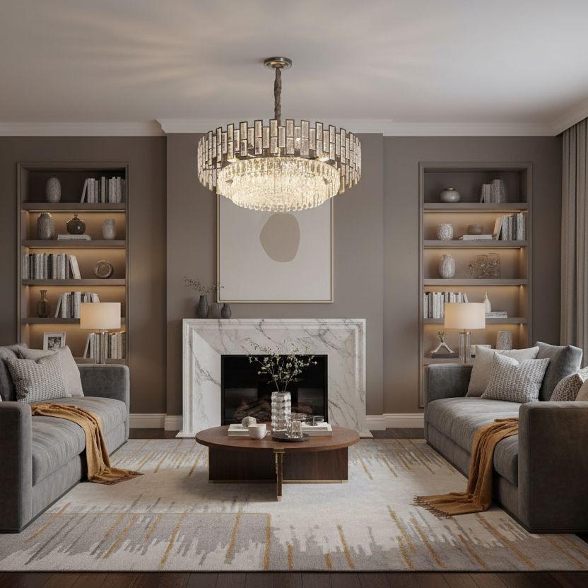 Black Crystal Prism Round Chandelier in a living room