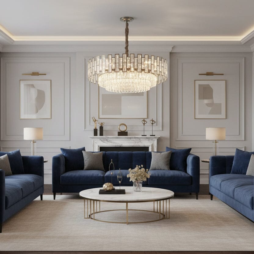 Black Crystal Prism Round Chandelier in a living room