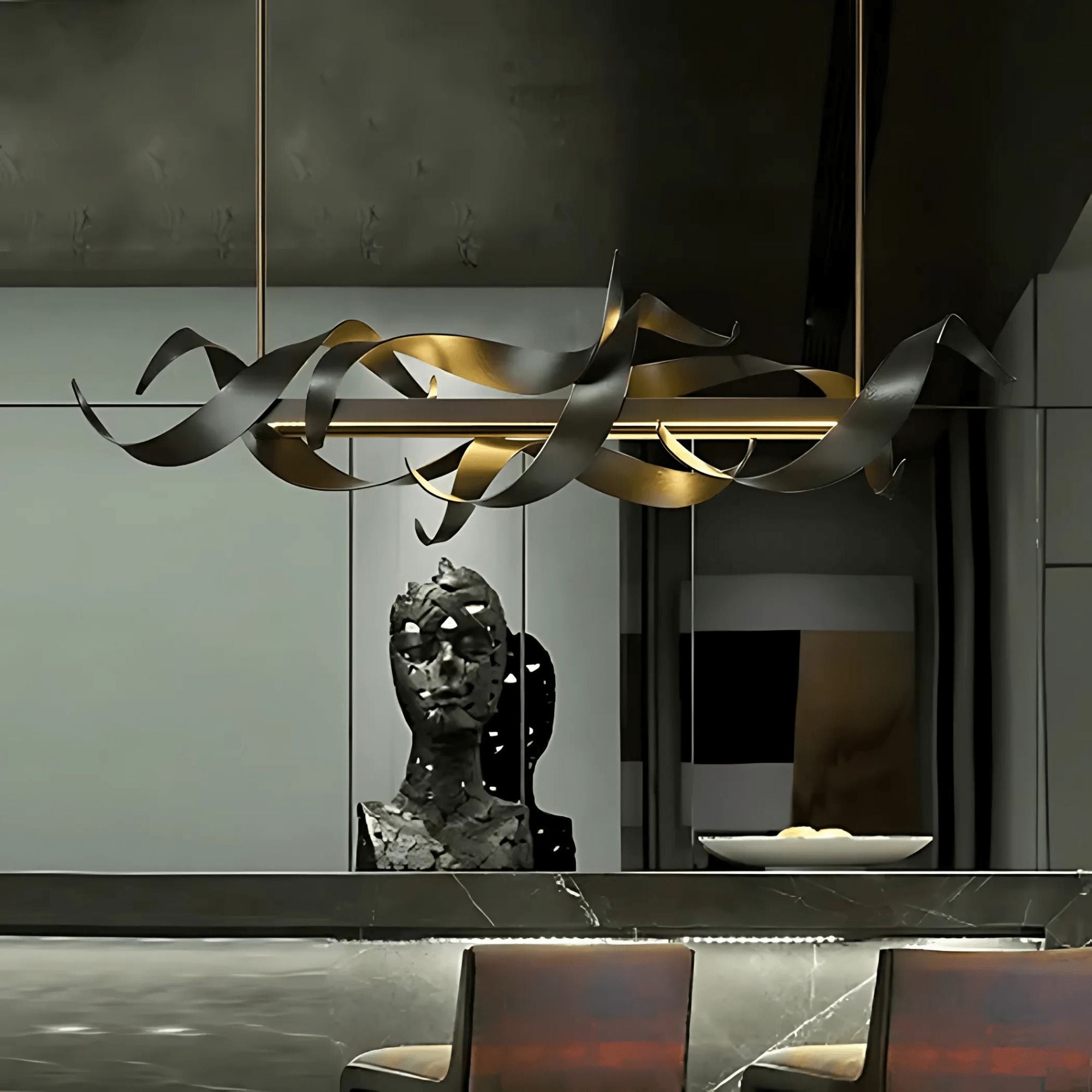 Black Linear LED Chandelier above a dining table