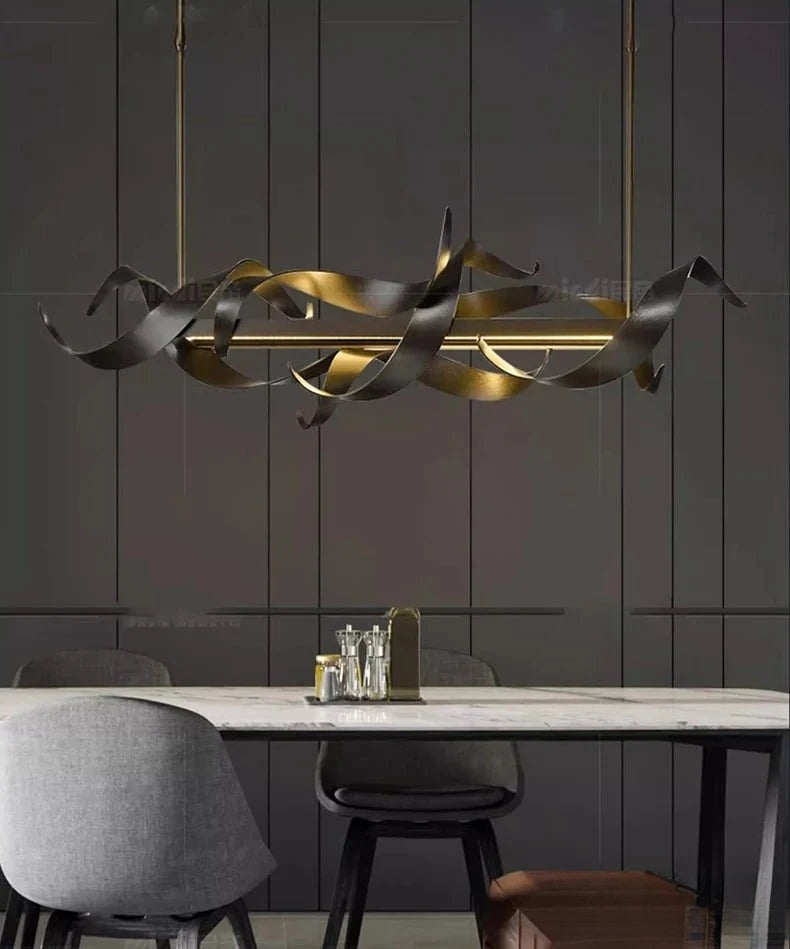 Black Linear LED Chandelier above a dining table