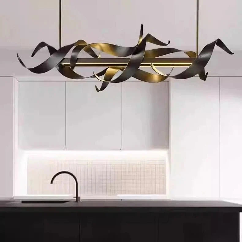 Black Linear LED Chandelier over a kitchen island