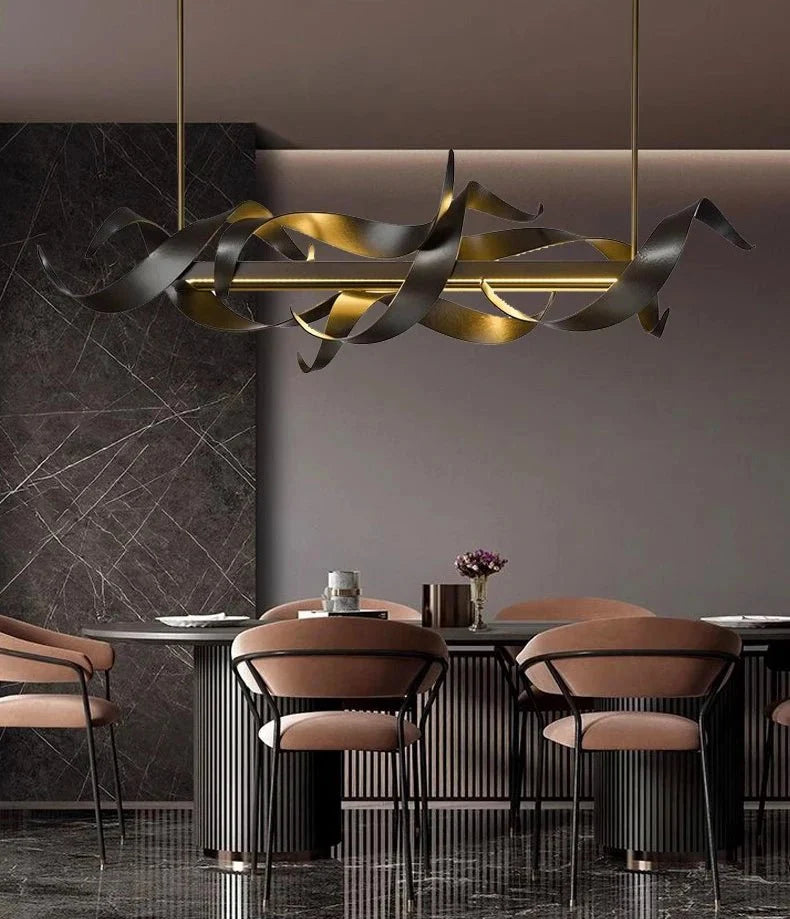 Black Linear LED Chandelier above a dining table