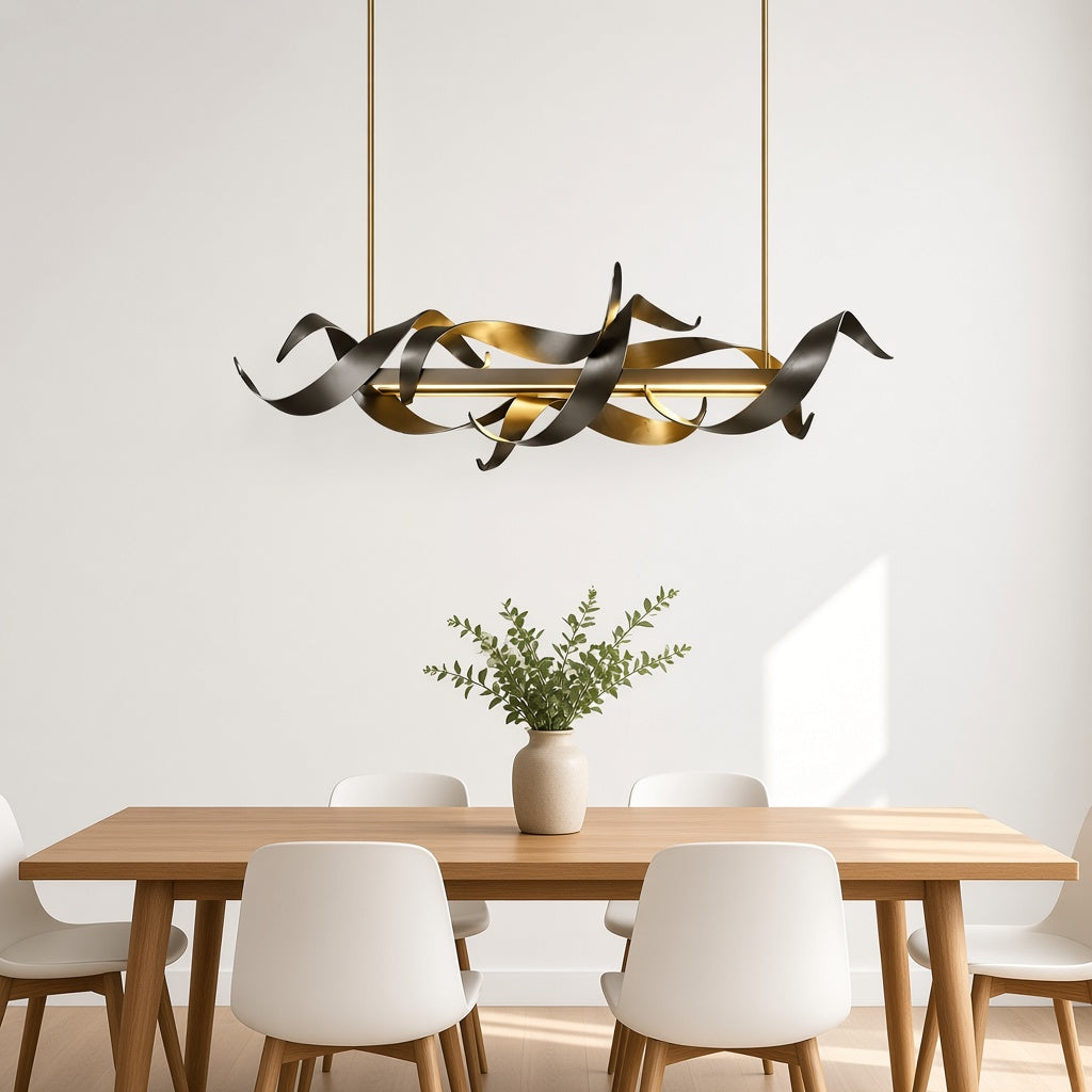 Black Linear LED Chandelier above a dining table