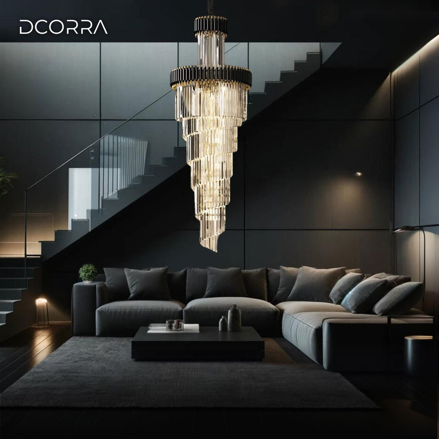 Black Onyx and Crystal Cone Chandelier in a living room