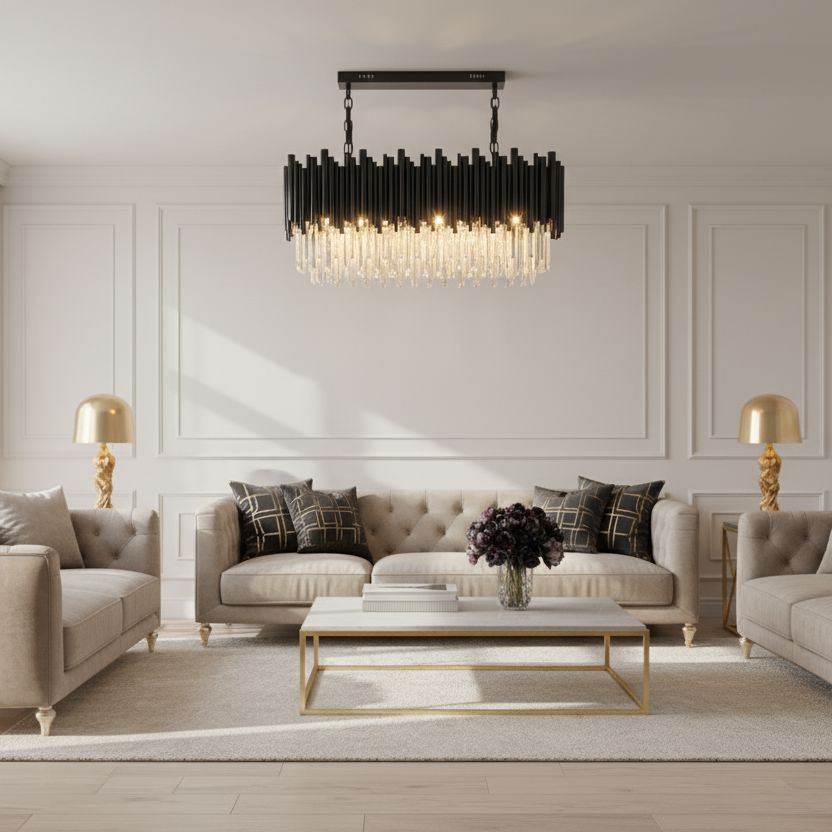Black Rod and Crystal Linear Chandelier in a living room