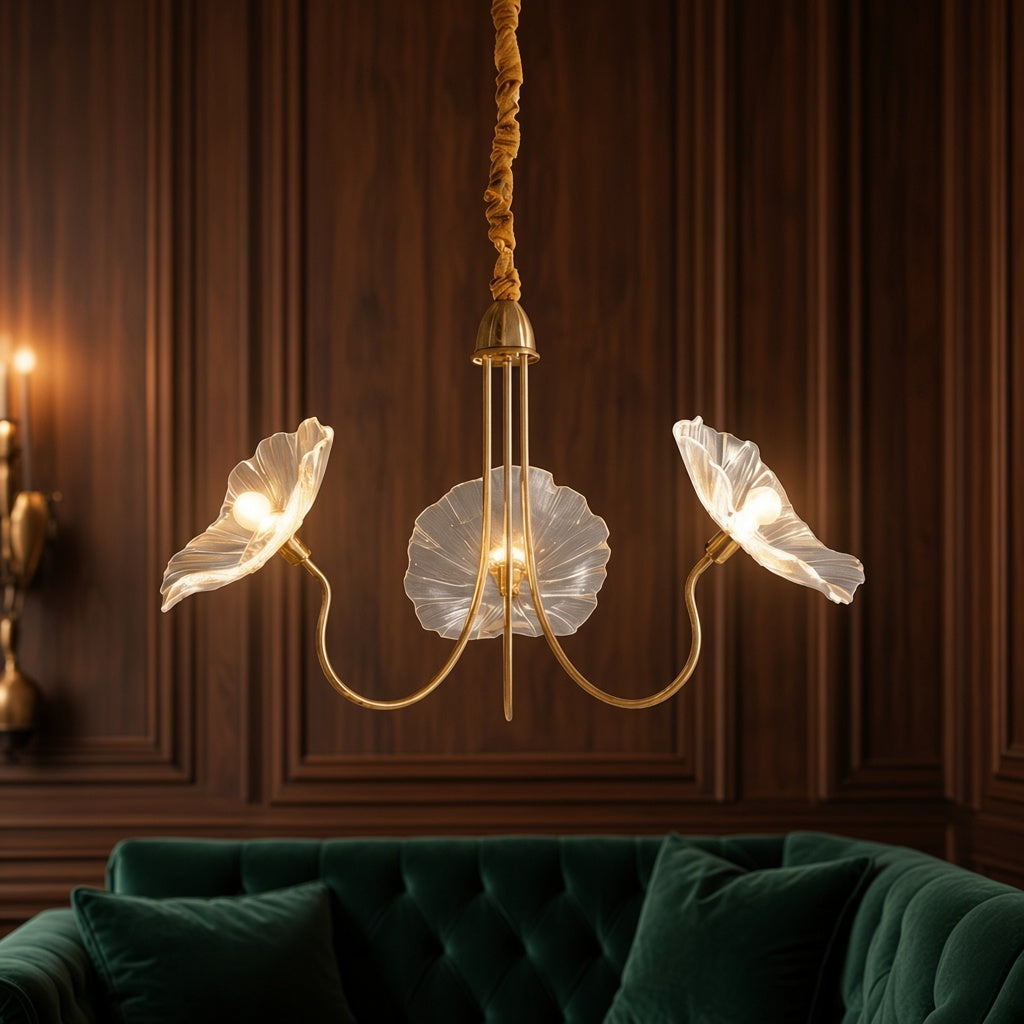 Blown Glass Flower Wrought Iron Chandelier