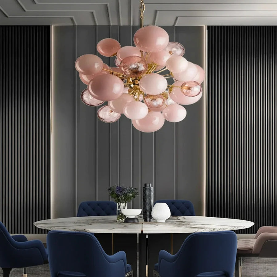 Blush Pink Glass Orb Cluster Chandelier above a dining table
