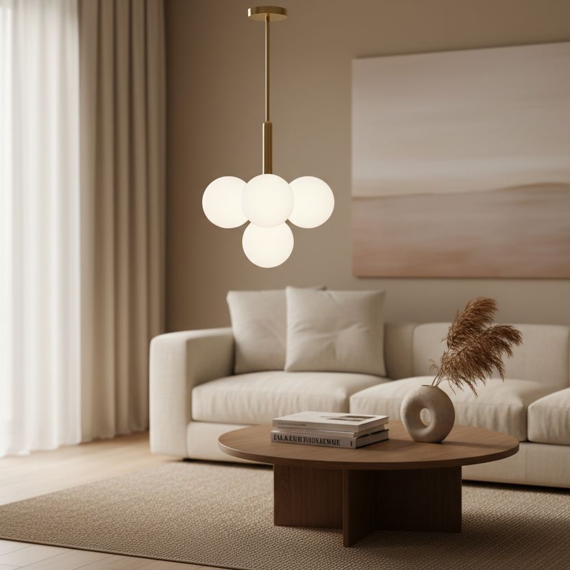 Brass and Opal Glass Globe Chandelier in a living room