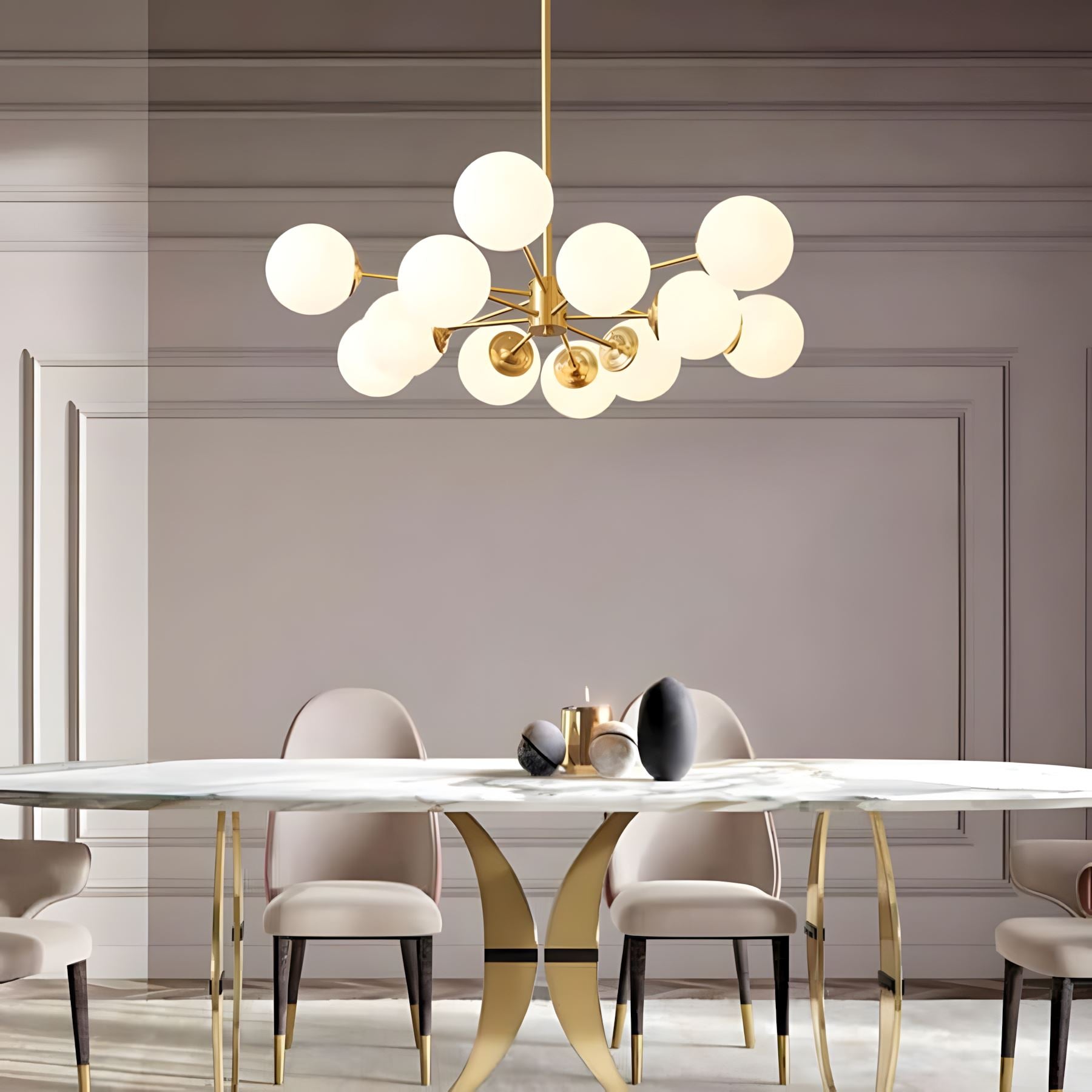 Brass Sputnik Opal Globe Chandelier above a dining table