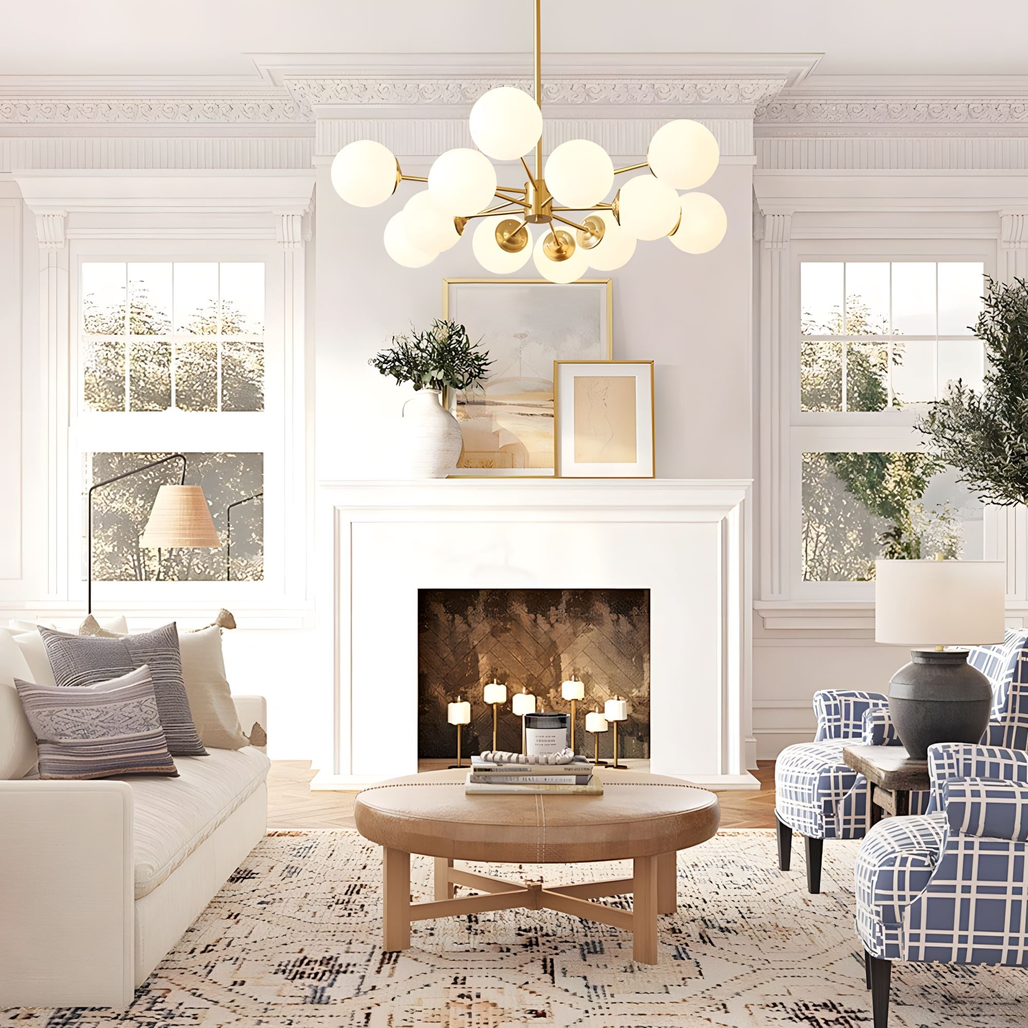 Brass Sputnik Opal Globe Chandelier in a living room
