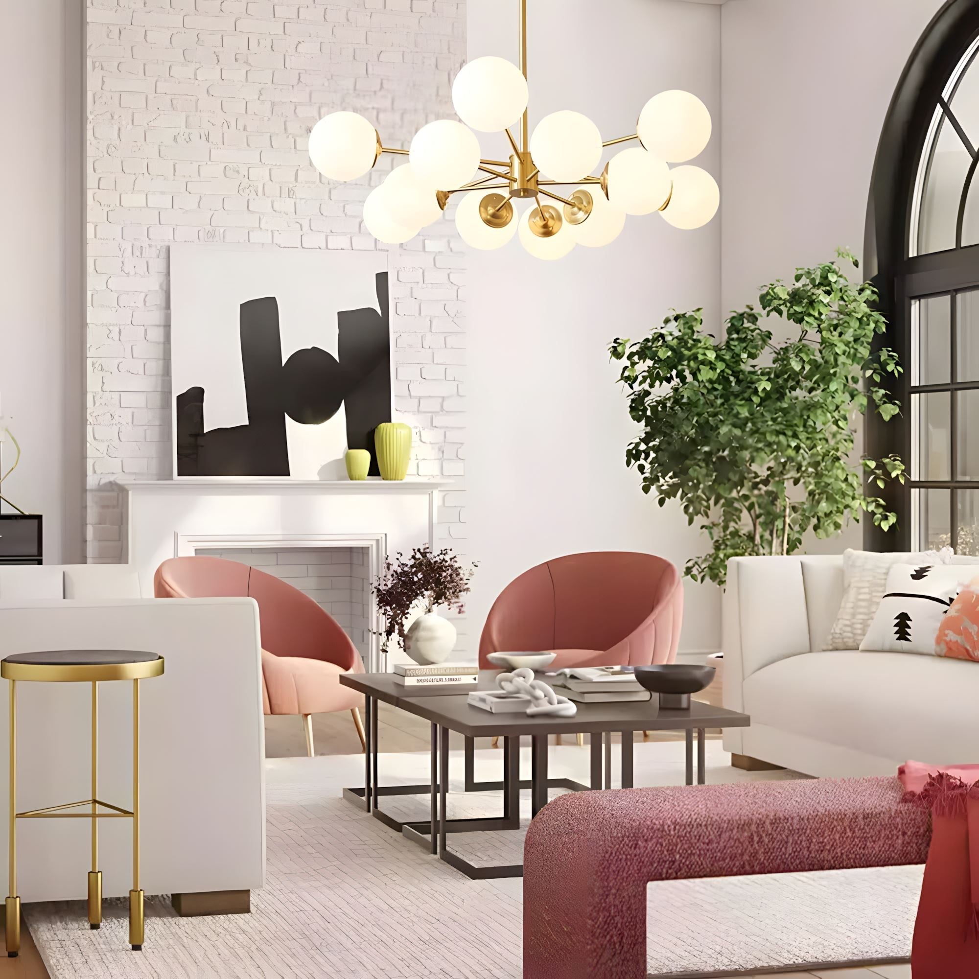 Brass Sputnik Opal Globe Chandelier in a living room