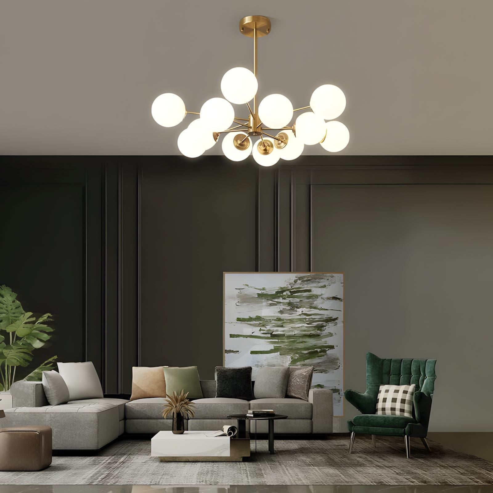 Brass Sputnik Opal Globe Chandelier in a living room