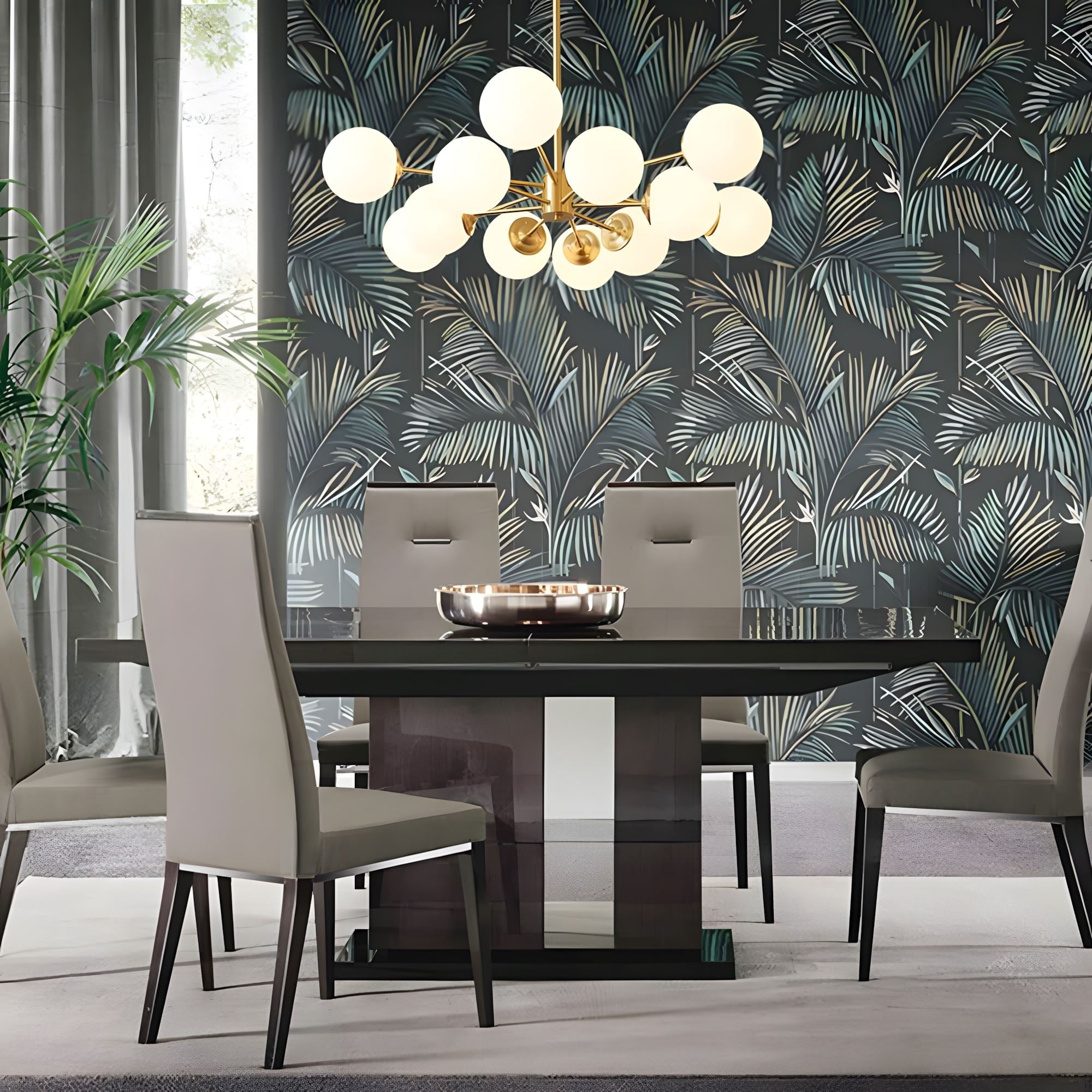 Brass Sputnik Opal Globe Chandelier above a dining table