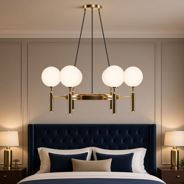 Brushed Brass Opal Globe Chandelier - Round or Rectangle
