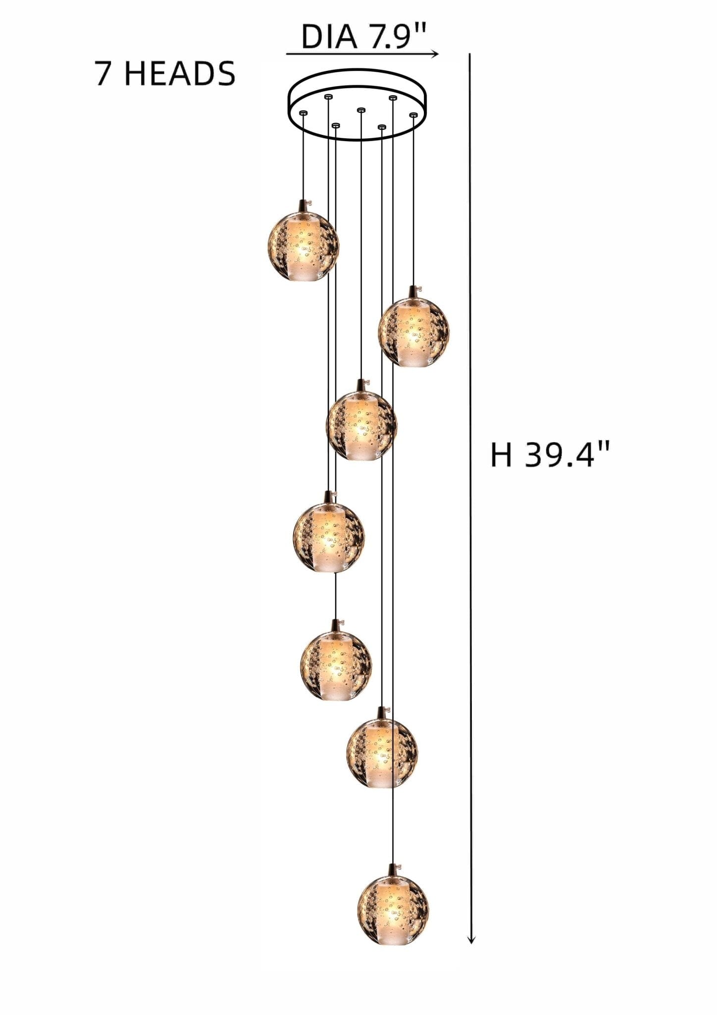 Cast Crystal Sphere Cascade Chandelier - 7 Spheres | Round Canopy
