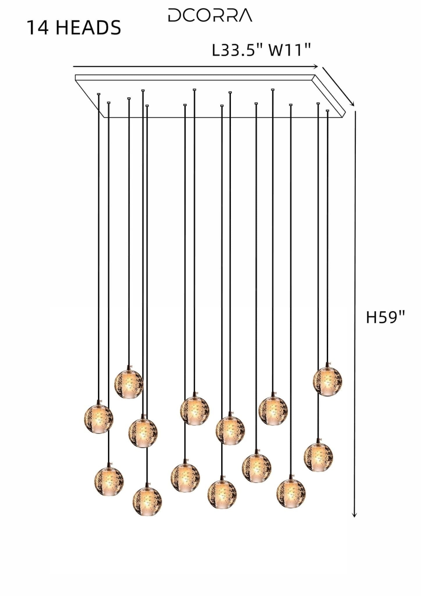 Cast Crystal Sphere Cascade Chandelier - 14 Spheres | Rectangular Canopy