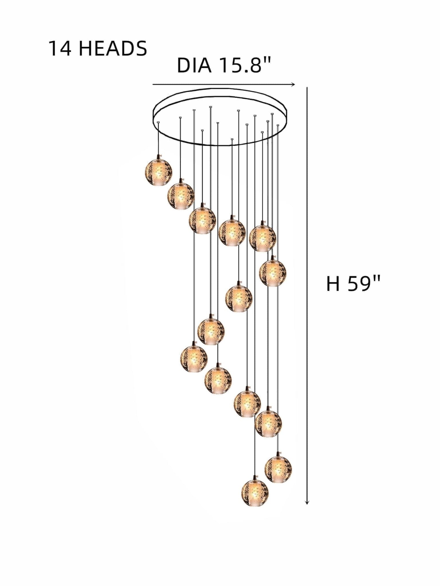Cast Crystal Sphere Cascade Chandelier - 14 Spheres | Round Canopy