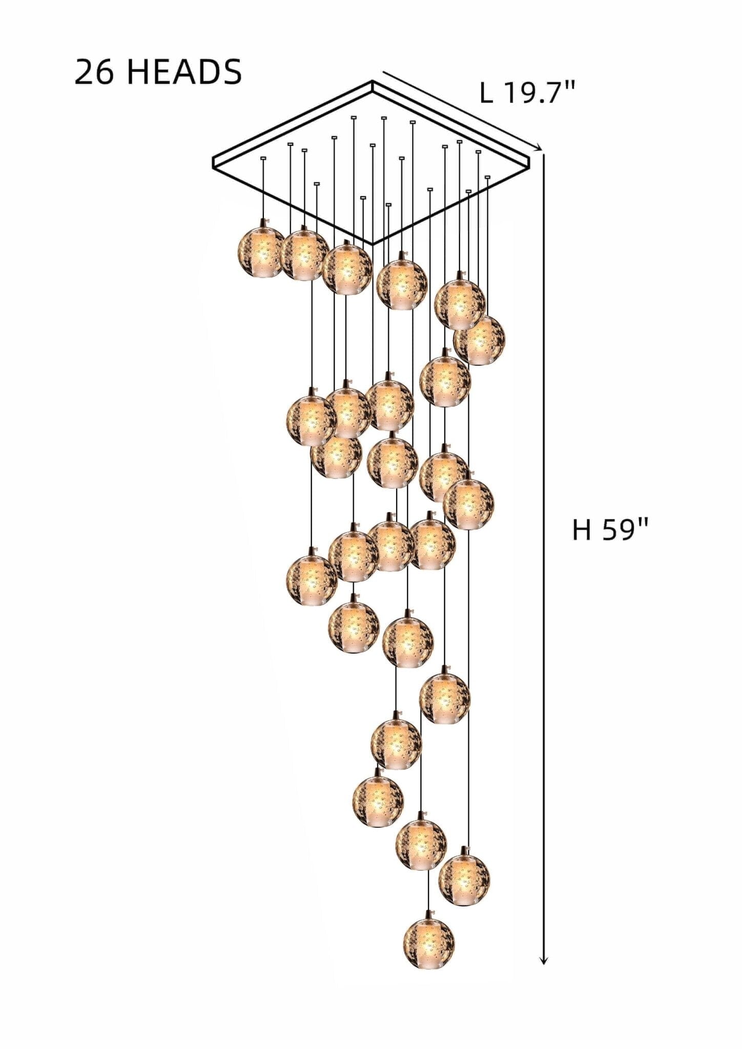 Cast Crystal Sphere Cascade Chandelier - 26 Spheres | Square Canopy