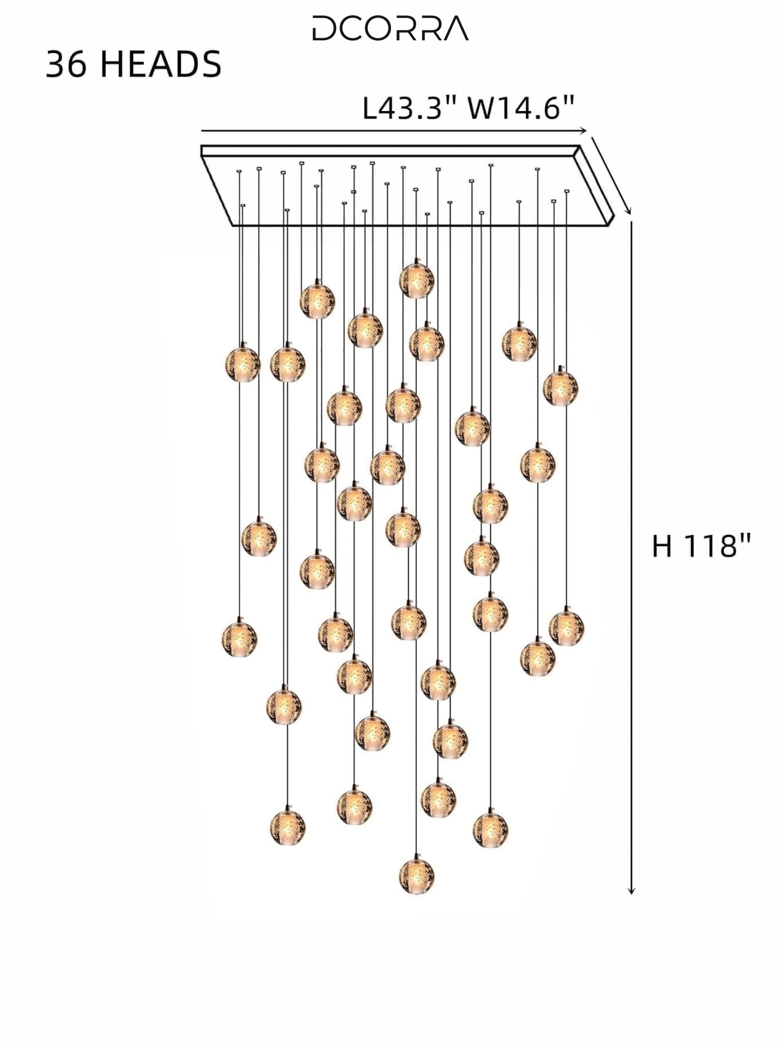 Cast Crystal Sphere Cascade Chandelier - 36 Spheres | Rectangular Canopy