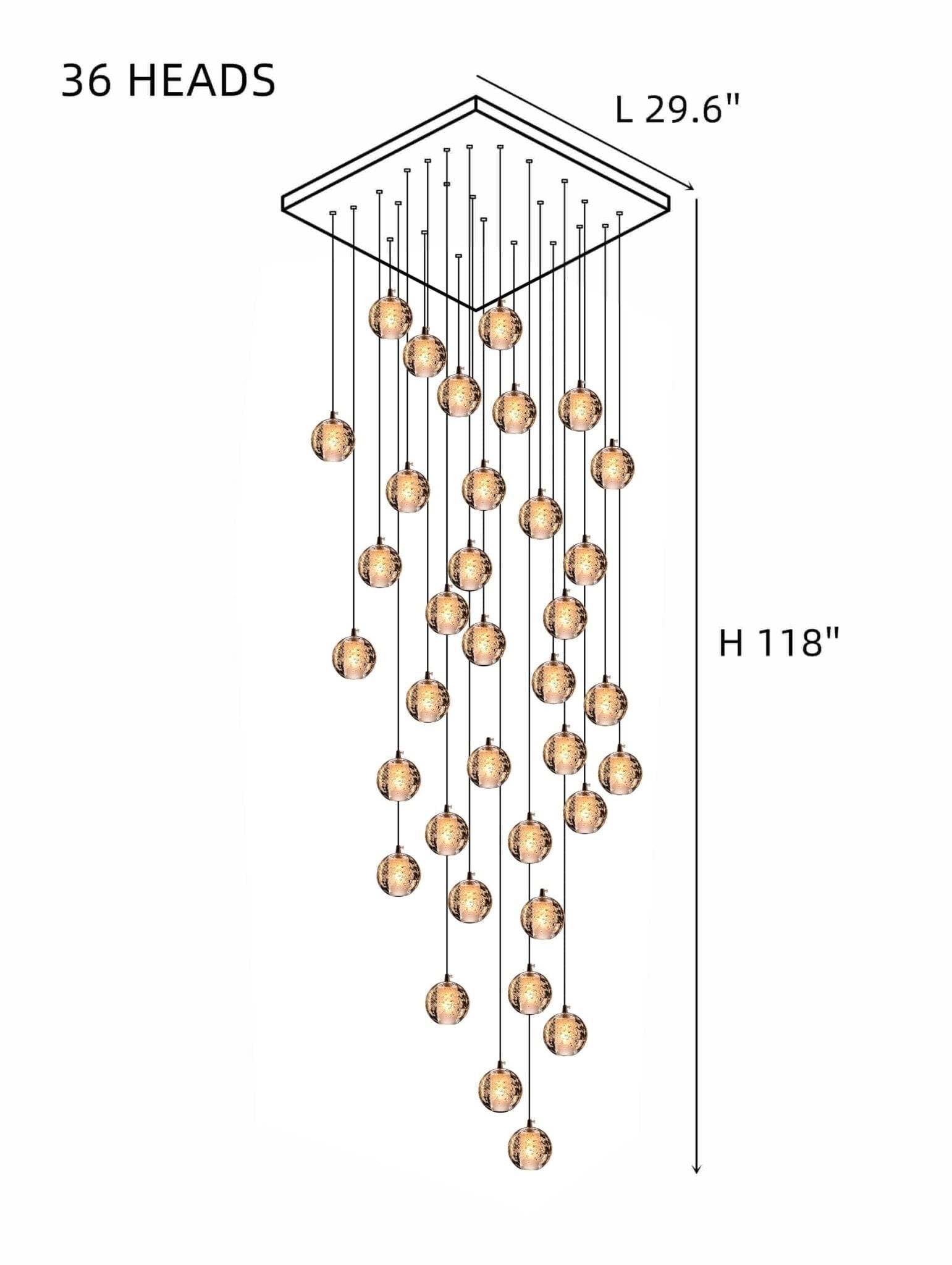 Cast Crystal Sphere Cascade Chandelier - 36 Spheres | Square Canopy