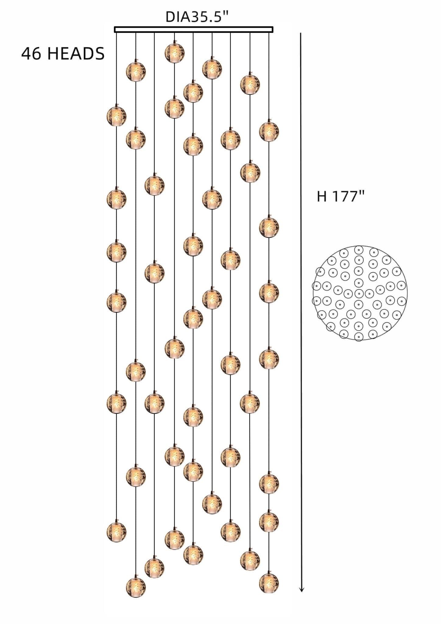 Cast Crystal Sphere Cascade Chandelier - 46 Spheres | Round Canopy