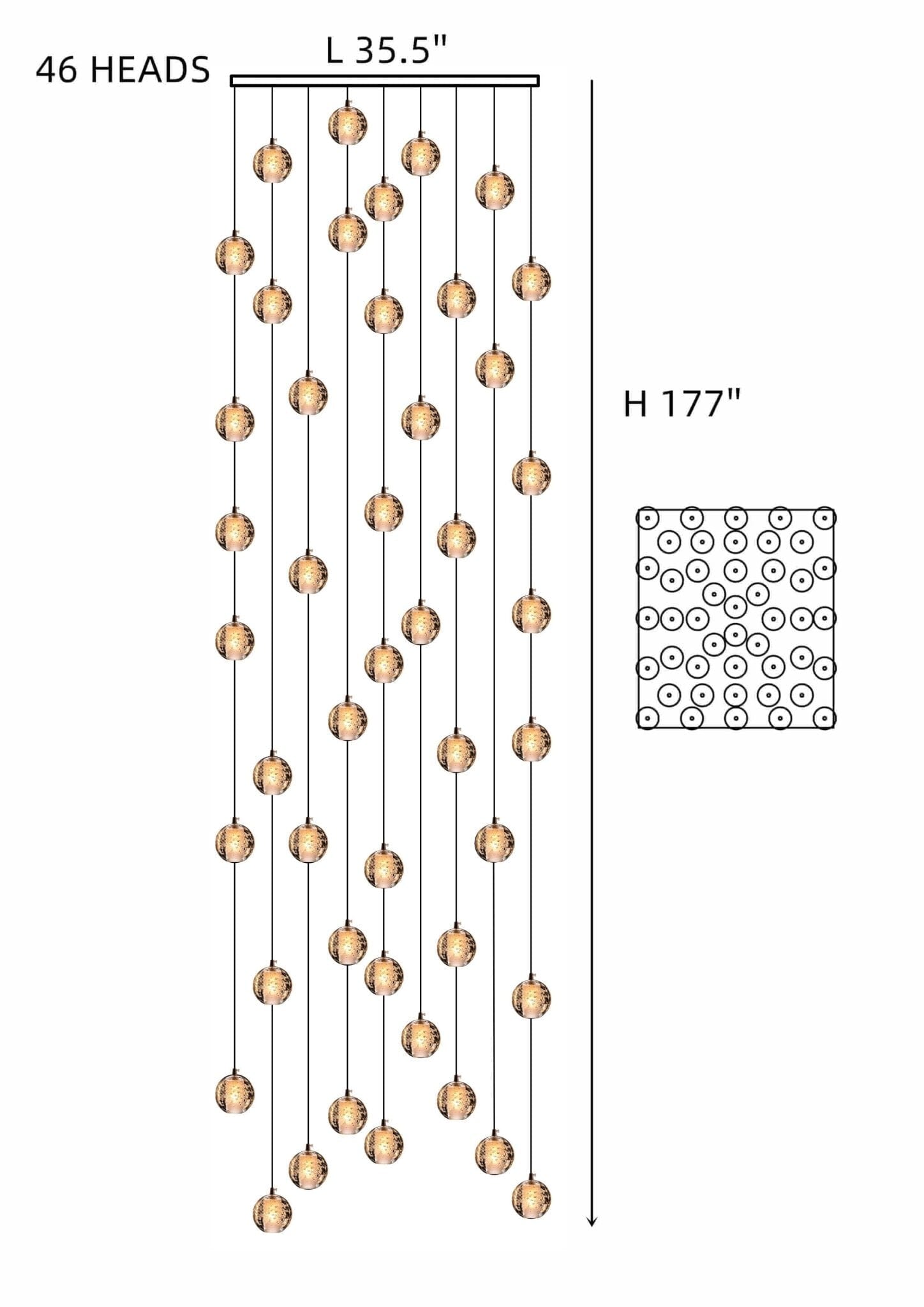 Cast Crystal Sphere Cascade Chandelier - 46 Spheres | Square Canopy